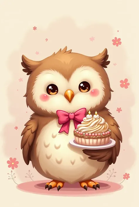 Create a cute style mascot, an owl with pink details, pink bow and holding a cake in hands. 