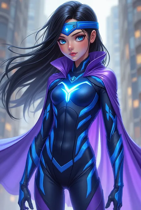 A girl with black hair, with light blue eyes, white, her costume is blue and violet, a headband is described by her power of telepathy and passing through walls the character must be. Created full body