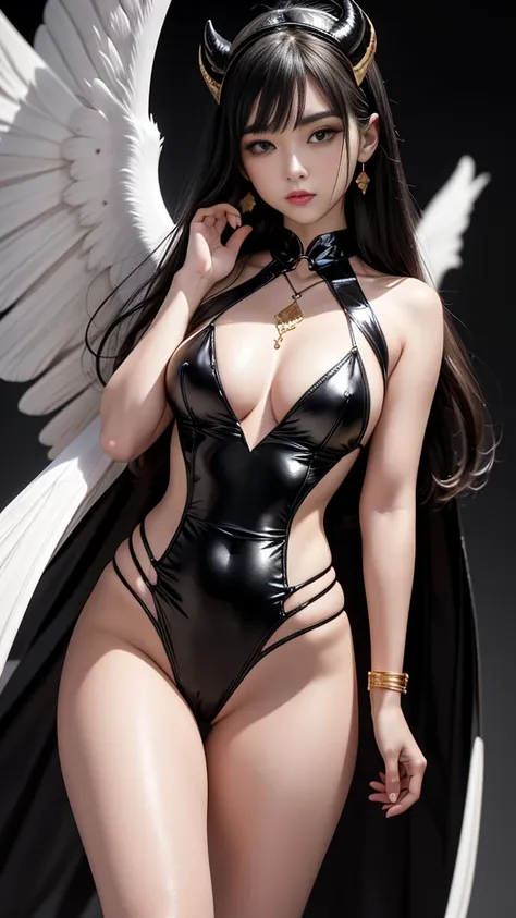 A sexy, tight-fitting but not revealing leather outfit that combines the perfect dynamic elements.: 1.7, Subtle tattoos: 1.6, Fine jewelry: 1.6, Highly detailed skin and facial features: 1.3, Arm and leg details, wings on shoulder, Wings of God and Demon, ...