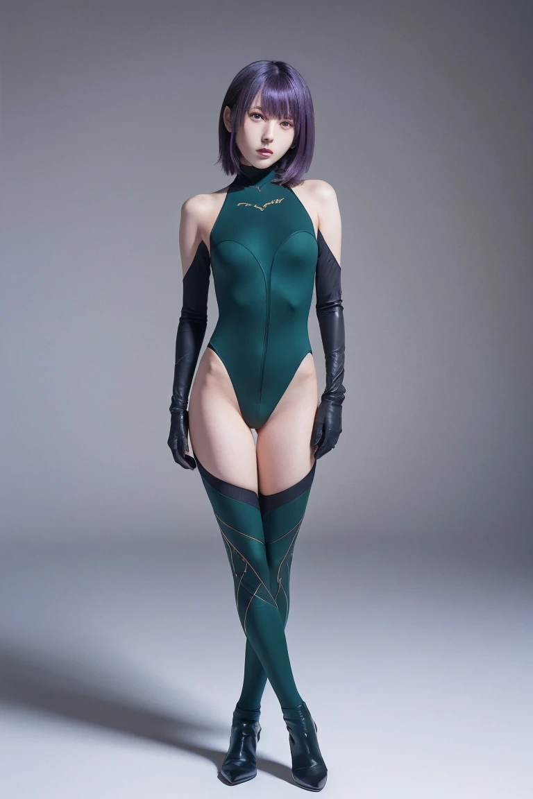 full body projection,score_9, score_8_superior, score_7_superior, k4m0r1,one girl,purple bodysuit,habit,purple eyes, portraiture...