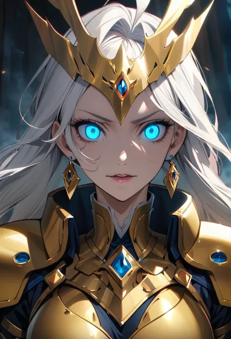 woman, blue eyes,  long hair, white hair, mature, god eyes, diamond earrings, glowing eyes, blue eyes, golden armor,  creepy eyes