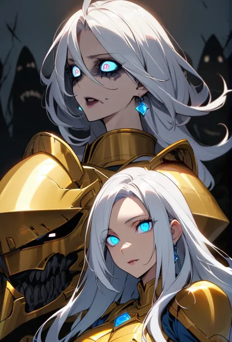 woman, blue eyes,  long hair, white hair, mature, god eyes, diamond earrings, glowing eyes, blue eyes, golden armor,  creepy eyes