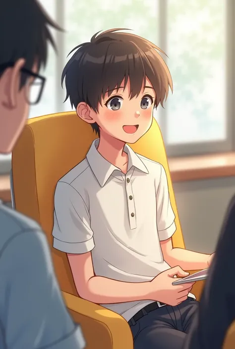 「A high school boy with a cute baby face、Illustration of someone relaxing in their seat。From the front view、The scene shows him smiling and listening to her.。」