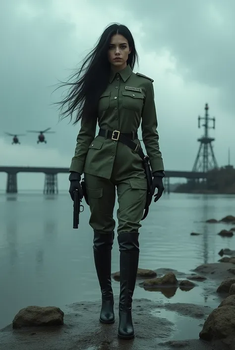 （Wide-angle lens）A 30-year-old woman with long black hair wearing military uniform.,Boots， trousers，high-heel boots，full-body shot，side，War Background，seaside，Iron bridge, Helicopters，Dark clouds sky，Science Fiction, dark的心情, full-body shot片，War atmosphere...