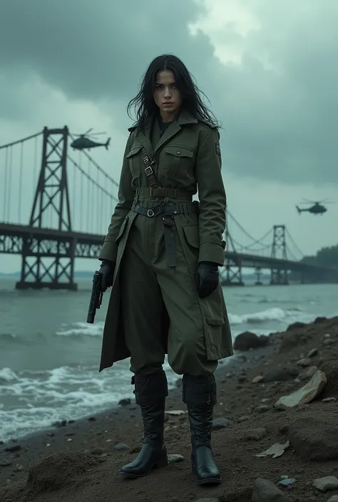 （Wide-angle lens）A 30-year-old woman with long black hair wearing military uniform.,Boots， trousers，high-heel boots，full-body shot，side，War Background，seaside，Iron bridge, Helicopters，Dark clouds sky，Science Fiction, dark的心情, full-body shot片，War atmosphere...