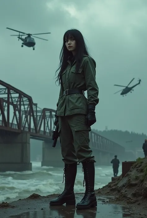 （Wide-angle lens）A 30-year-old woman with long black hair wearing military uniform.,Boots， trousers，high-heel boots，full-body shot，side，War Background，seaside，Iron bridge, Helicopters，Dark clouds sky，Science Fiction, dark的心情, full-body shot片，War atmosphere...