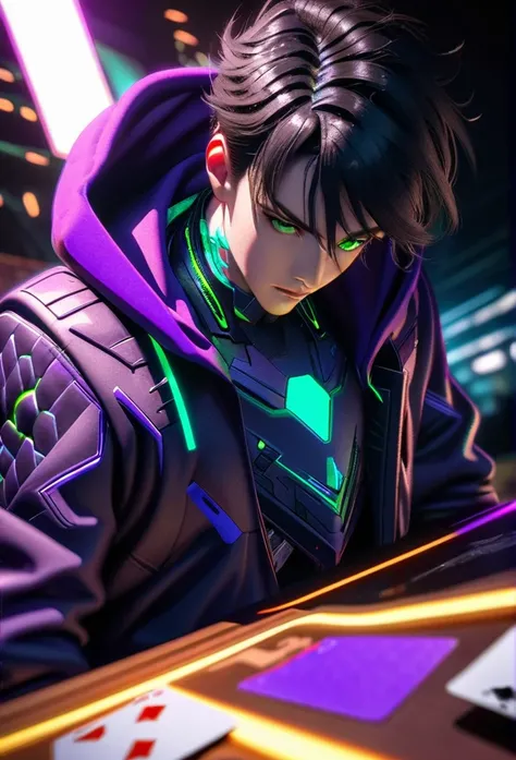 anime style, 1 man with short black hair and green eyes, wearing a black and purple hooded futuristic cyberpunk outfit, playing cards, intricate details, octane render, 8k, HDR, cinematic lighting, chiaroscuro, dramatic colors