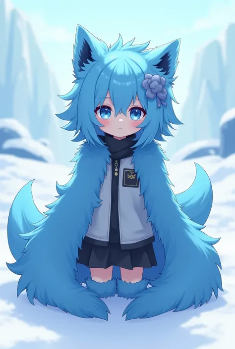 anime,Change, human girl,Whole body, by the wide, blue fur, blue eyes, black and white clothes, small stature,

snowy place background