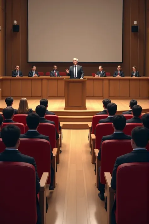 Students are sitting in the hall on the red colored chairs in three columns and a senior is instructing them in front of them standing on a podium 