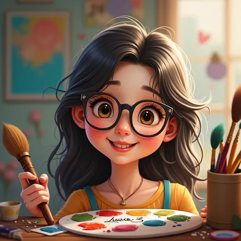 Create an artist girl with a spectacles in her beautiful eyes long hair cute smile "Lucky S Creation" name written in art pallette 