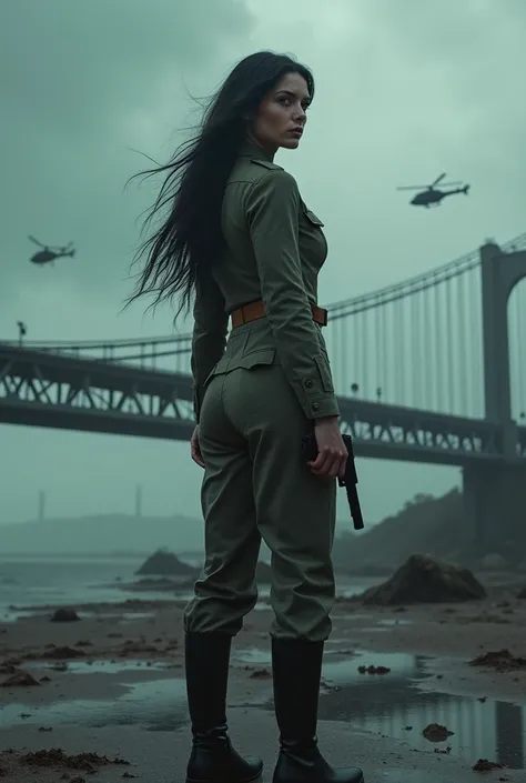 （Wide-angle lens）A 30-year-old woman with long black hair wearing military uniform.,Boots， trousers，high-heel boots，full-body shot，side，War Background，seaside，Iron bridge, Helicopters，Dark clouds sky，Science Fiction, dark的心情, full-body shot片，War atmosphere...