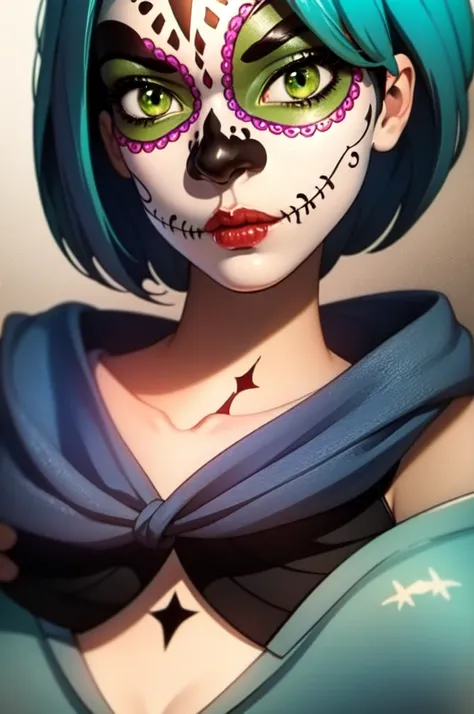 Girl with green hair, Day of the Dead paint on her face, High quality, short hair, long spectral dress, green eyes and Asian features, malignant face and eyes gleaming with malice, dark aura, serius expression