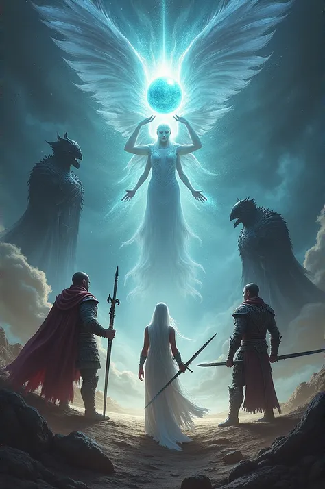 Create a digitsl art in which three heroes that uses a sword, a spear and a bow on the left side with a god on the left hand corner seemingly trying to give them blessing, while 2 enemies on the right side in which a small unknown black entity can be seen....