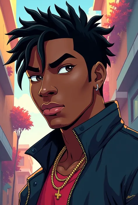 black character, with a 90s rap style, Disney effect with low hair 