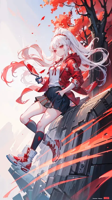 a beautiful young girl, red jacket, white hair, detailed face, high quality, full body, league of legends, artstation trending, by rhads, andreas chia, rossdraws, makoto shinkai, laurie greasley, louis van baarle, ilya kuvshinov, and greg rutkowski