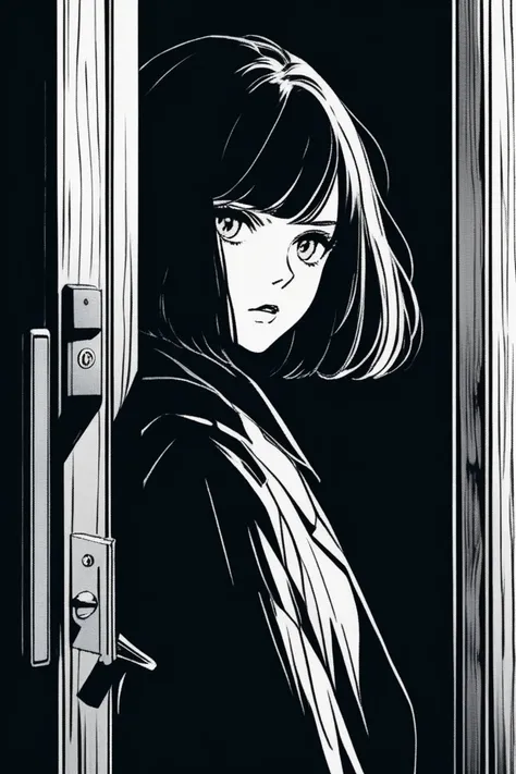 (best qualityer, outline:1.2),realisitic,illustrator,アニメ,a girl enters through the door, where serious adults are in a meeting,  with a scared expression, (monochrome dark background), dark hair,textured cut, obra de artistry, classic retro style, dark bla...