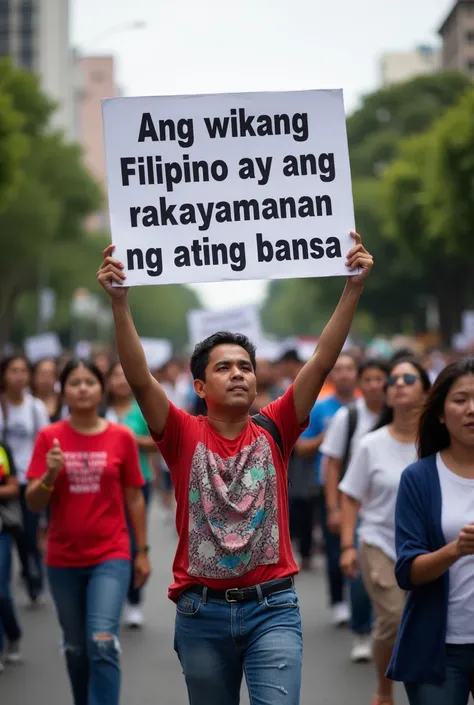 group of filipinos marching around local philippines with a person on the lead holding a sign that says "Ang wikang FIlipino ay ang kayamanan ng ating bansa"