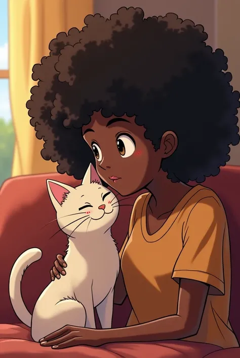 a young black woman with curly hair and her cat playing lofi anime style

