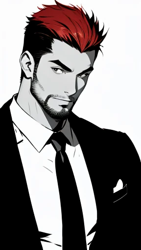 oriental、solo、a short haircut with spiky hair、black suit、black tie、a young man with red hair, (((stubble))),looking at the camer...