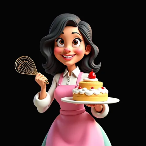 Cartoon character of a stylish woman in a pink apron, happy, black wavy hair, brown aligned eyes, big flat nose, in the left hand is holding a whip and in the right hand is holding a large cake, an animated character, stylized character, animation style re...