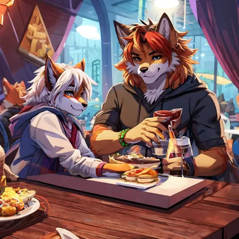 Theres a cat and a dog standing on a table, furry art!!!, fursona art, cel shading technique!!!, fursona!!!!, restaurant scene, chilling in the club together, on a Table sitting, fur affinity commission, fursona furry art commission, Beautiful Were Fox Fur...