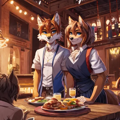 Theres a cat and a dog standing on a table, furry art!!!, fursona art, cel shading technique!!!, fursona!!!!, restaurant scene, chilling in the club together, on a Table sitting, fur affinity commission, fursona furry art commission, Beautiful Were Fox Fur...