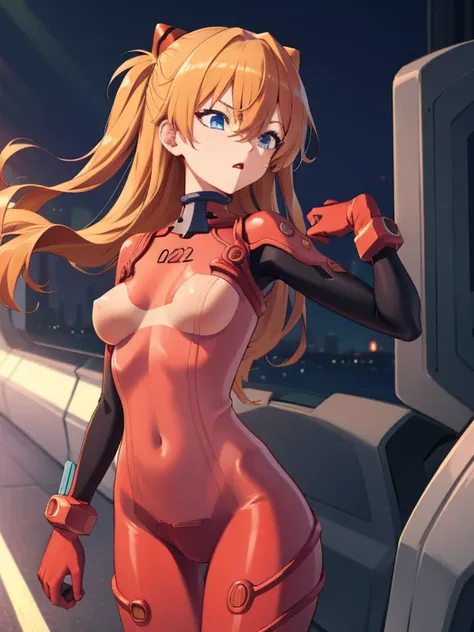 asukalangley, Asuka Langley Soryu, hair between eye,  Orange hair, Long sleeves, plugsuit, Red bodysuit, BREAK outdoors, city, looking at the viewers, (masutepiece:1.2), Best Quality, High resolution, Unity 8k Wallpaper, (Illustration:0.8), (Beautiful deta...