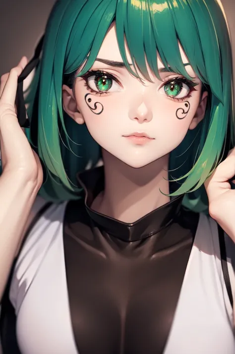 Girl with green hair, Day of the Dead paint on her face, High quality, short hair, long spectral dress, green eyes and Asian features, malignant face and eyes gleaming with malice, dark aura, serius expression