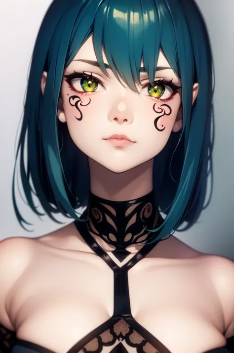 Girl with green hair, Day of the Dead paint on her face, High quality, short hair, long spectral dress, green eyes and Asian features, malignant face and eyes gleaming with malice, dark aura, serius expression