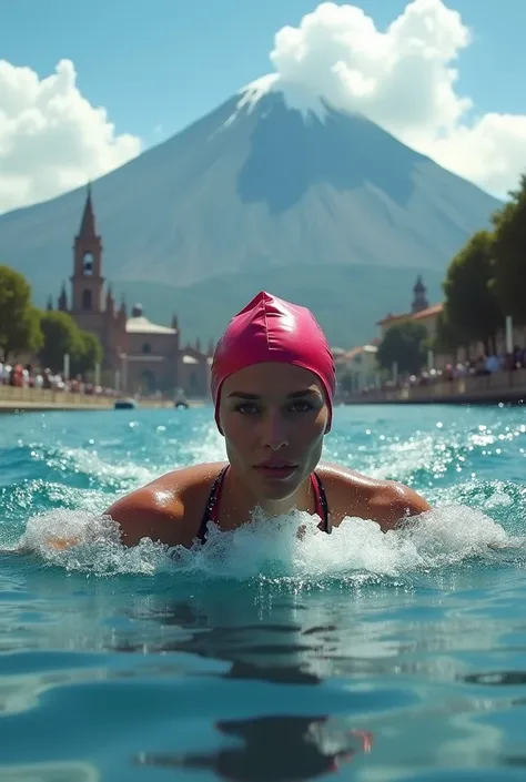 Female swimmer with a cherry-colored swimming cap and the misti or the cathedral of Arequipa in the background
