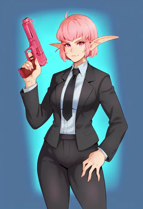 score_9, score_7_up 1girl, solo,  bg3laezel, black suit, necktie, black pants, handgun, pointy ears,