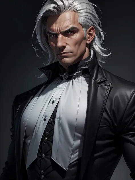 (best quality), 1boy, mature man, tanned skin, silver hair, medium hair, hair loosely combed back, brown eyes, perfect eyes, muscular, handsome, cold expression, (gothic clothes), fully clothed, clean shaven face, masterpiece, anatomically correct, highres...