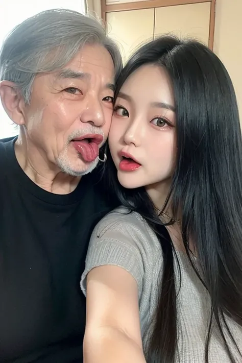 1 korean girl is 20 years old, long black hair, ((1 korean man is 70 years old, very old, grey hair)), "young girl and old man kissing", kissing, face to face, romantic, natural pose, (((old man open mouth and tongue out)))