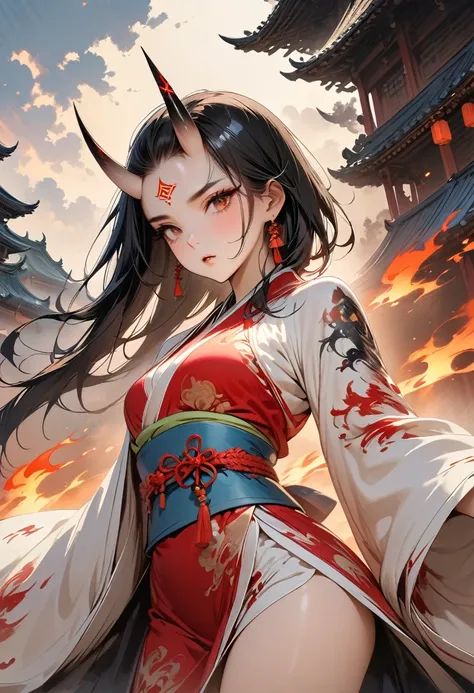 (Masterpiece, Top quality, Best quality, Official art, Beautiful and aesthetic:1.2), Ink painting, (((1 girl))), (((Very detailed forehead tattoo))), sexy devil,1 girl, wearing a kimono, (2 small oni horns:1.6), fire around her, Glowing body, Colorful, Top...