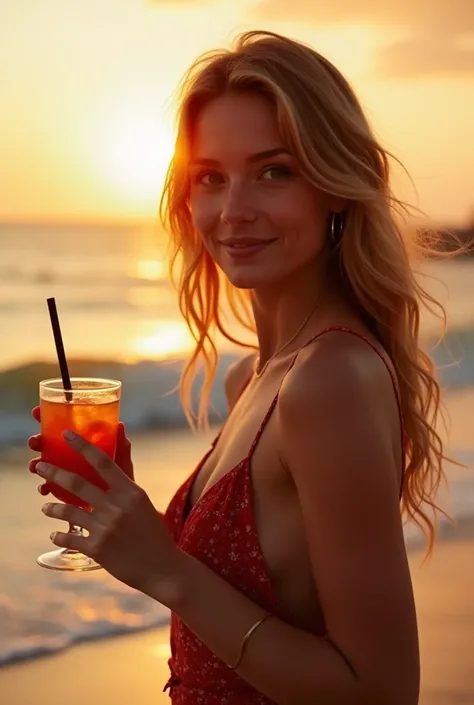 25 year old redheaded woman, boit un cocktail sur la plage, 比基尼, sunset, prise de vue de face, remote plane