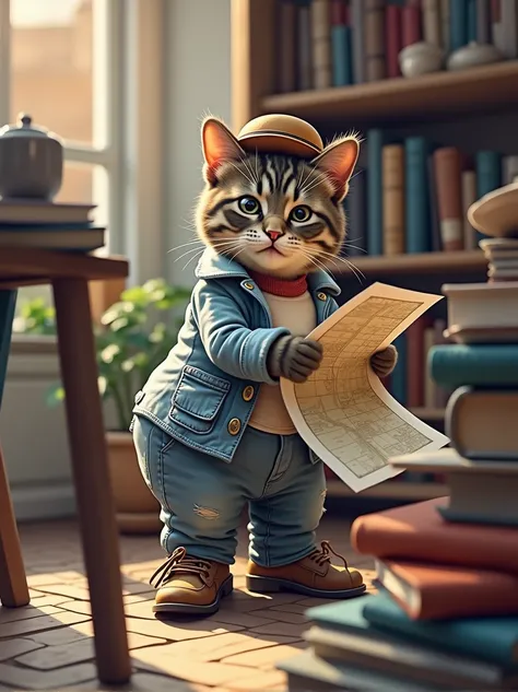 The cat is by the bookshelf at home, wearing a blue and white striped shirt and light-colored jeans, with small brown shoes and a little round hat. It is holding an old map, looking focused as if it has discovered a secret. The background is filled with bo...