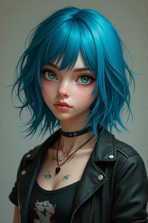 A 16-year-old girl with blue, medium-length hair, who likes rock