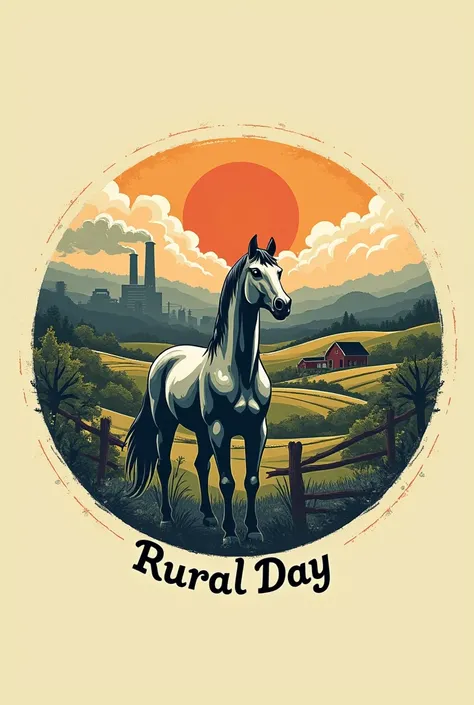 A circular logo with a farm, zaun, a sun behind and a horse in front, name below Rural Day old school style