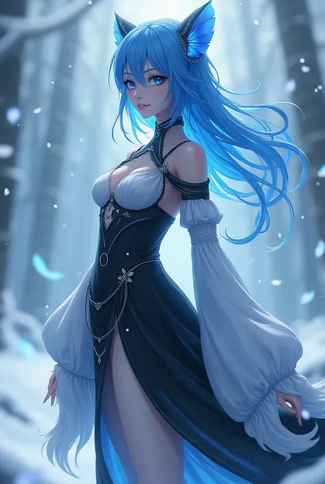 a beautiful anime girl, (best quality,4k,8k,highres,masterpiece:1.2),ultra-detailed,(realistic,photorealistic,photo-realistic:1.37), changeling girl, full body shot, wide blue fur, blue eyes, black and white clothes,  stature, snowy landscape background, d...