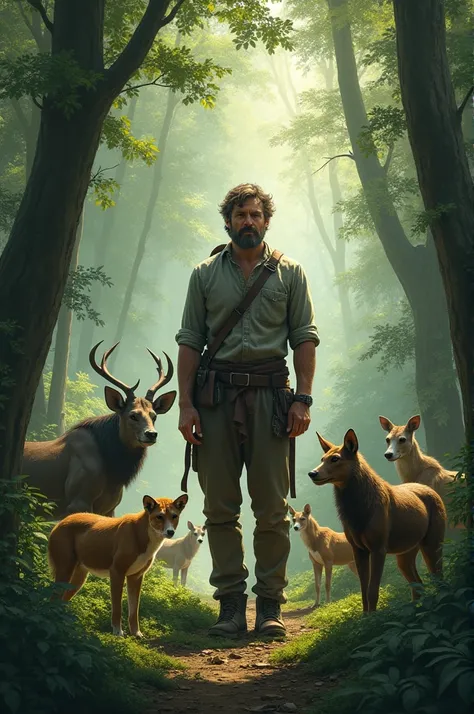 A man stands in the middle of a forest surrounded by wild animals.