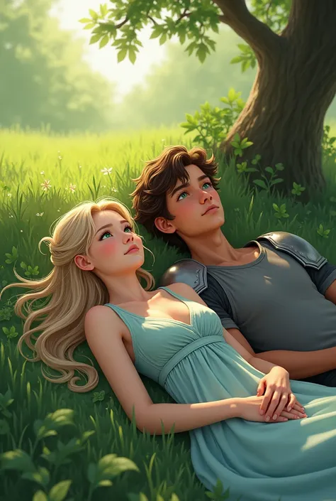 A girl with blonde hair, white skin and green eyes lying on the grass, She is dressed in a light blue dress and next to her is a boy with brown hair., hazel eyes and tanned skin who is also lying on the grass, He has a muscular appearance, although not ver...