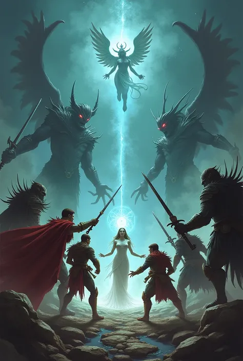 Create a digitsl art in which three heroes that uses a sword, a spear and a bow on the left side with a god on the left hand corner seemingly trying to give them blessing, while 2 enemies on the right side in which a small unknown black entity can be seen....