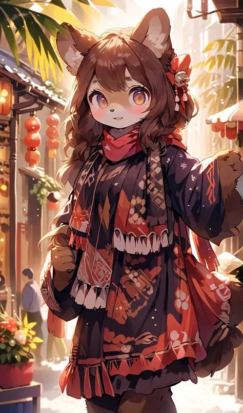 Brown Bear, human nature, Furry, Miss, Miss化的, Fur, detailed Fur，Ainu women in traditional clothing，Fair深藍色服飾，scarf， masterpiece, best quality, Digital art, (actual:0.3), cartoon, Detailed route, High resolution, visually stunning (detailed lighting, Depth...