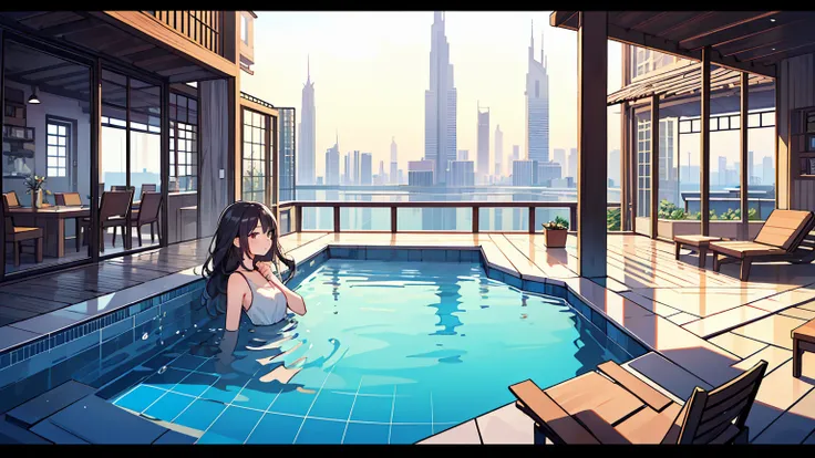 (masterpiece, best quality),2 women, different hair colors, different faces,letterboxed, perfection of fashion,chapped lips, sleeveless,dress,upper body, from the side,Infinity Pool,The horizon is reflected,Lounge Chair,marble floor,Advanced Table,Dubai To...