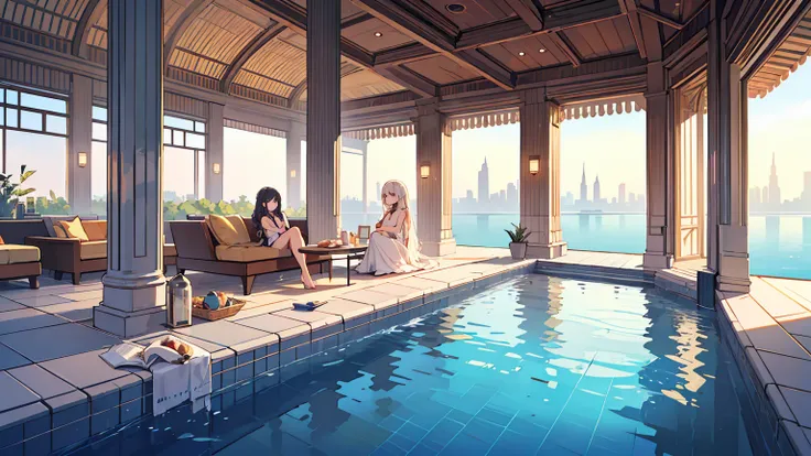 (masterpiece, best quality),2 women, different hair colors, different faces,letterboxed, perfection of fashion,chapped lips, sleeveless,dress,upper body, from the side,Infinity Pool,The horizon is reflected,Lounge Chair,marble floor,Advanced Table,Dubai To...