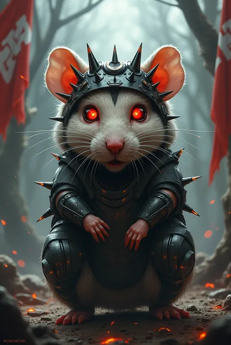 Portrait dun hamster cybernétique, les yeux injectés de sang, portant une couronne dépines en métal. Il est entouré de symboles celtiques et les drapeaux de la Bretagne et de la France sont déchirés en lambeaux derrière lui