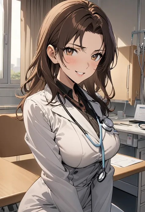 1lady solo, sitting, (looking at viewers), (white lab coat) stylish outfit, mature female, /(dark brown hair/) bangs, kind smile...