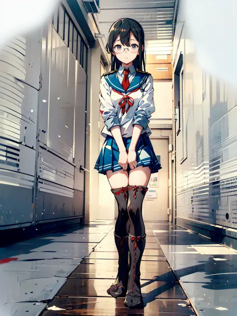 (Oyodo Kai　Kantai Collection)、((Lustrous thighs))、Glasses,Pleated skirt、Sailor suit、Red tie、Are standing、((紫のoverknee socks:1.5))
