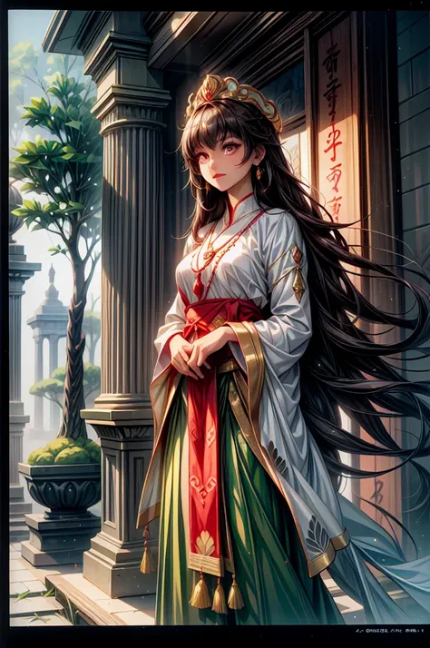 A powerful Hindu Sanatani woman, resplendent in traditional attire, stands majestically amongst the sacred Neem trees, surrounded by sacred religious scripts and ornate temple artifacts, giving off an air of serene resilience within the Anime & Comic Book ...