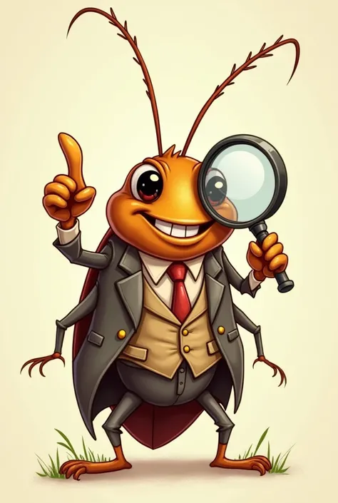 funny cartoon image of a cockroach with human characteristics, smiling and wearing a flowery suit and holding a magnifying glass covering one eye, signaling with the thumb of the other hand